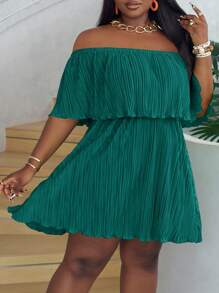 Slaydiva Off-Shoulder Ruffled Neckline Loose Green Dress In Pleated Fabric - Mint Blue - View 3