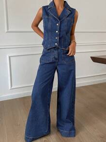 DAZY 2 件套女士休闲牛仔背心和阔腿裤套装，春夏