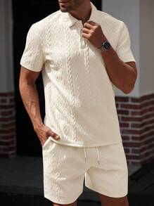 Manfinity Homme Men's Geometric Texture Short Sleeve Polo Shirt & Shorts Casual 2 Pieces Set, Cozy Outfits