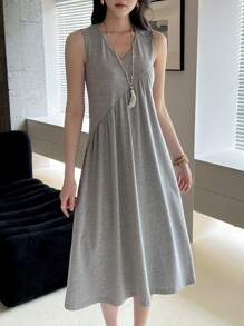 EMERY ROSE 女士夏季休闲纯色无袖连衣裙 - 灰色 - 查看 9