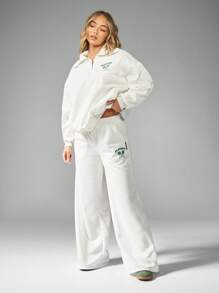 Missguided x Playboy 网球俱乐部阔腿运动裤复古复古休闲运动休闲健身运动裤秋冬舒适穿着 - 白色 - 查看 4