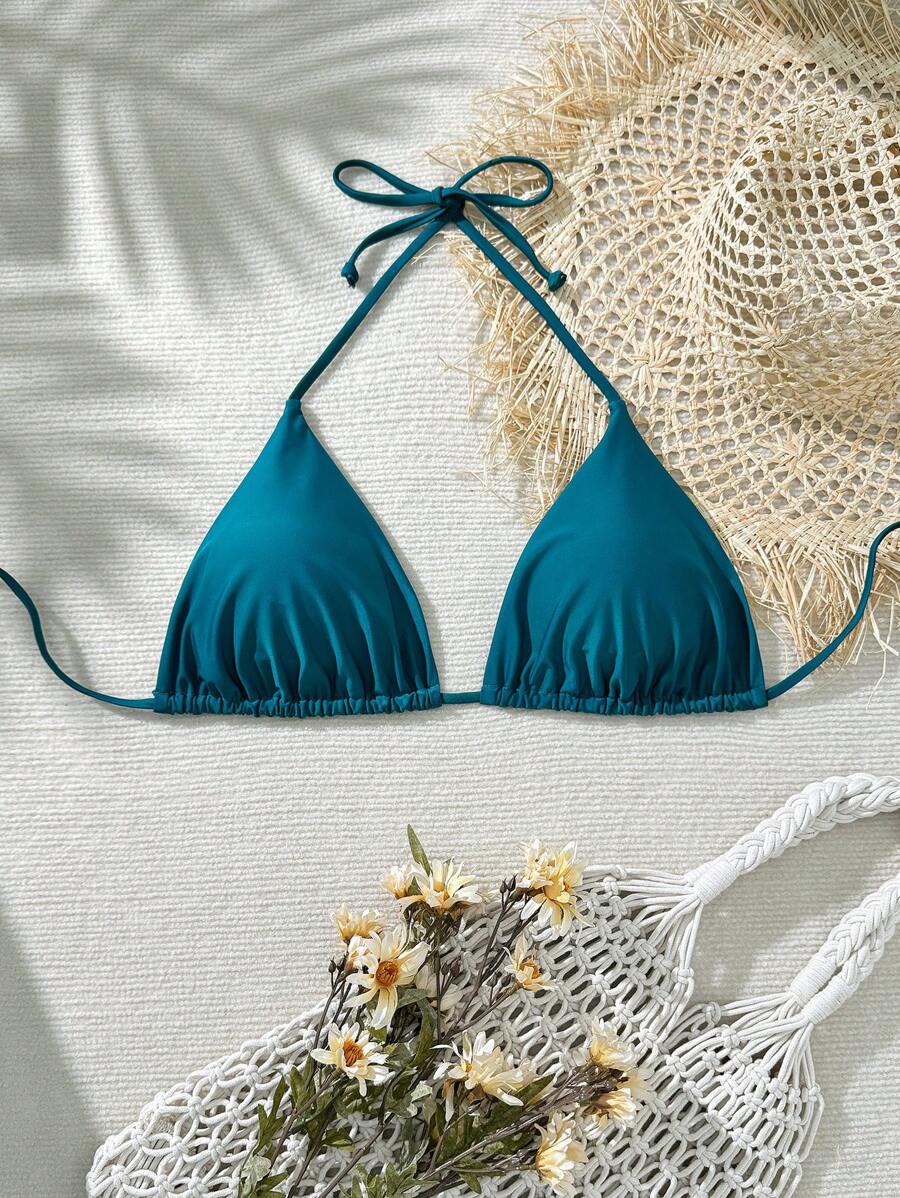 Swim Lushoire 大码女式纯色系带前三角杯休闲度假泳装上衣 - 綠色 - 查看 1