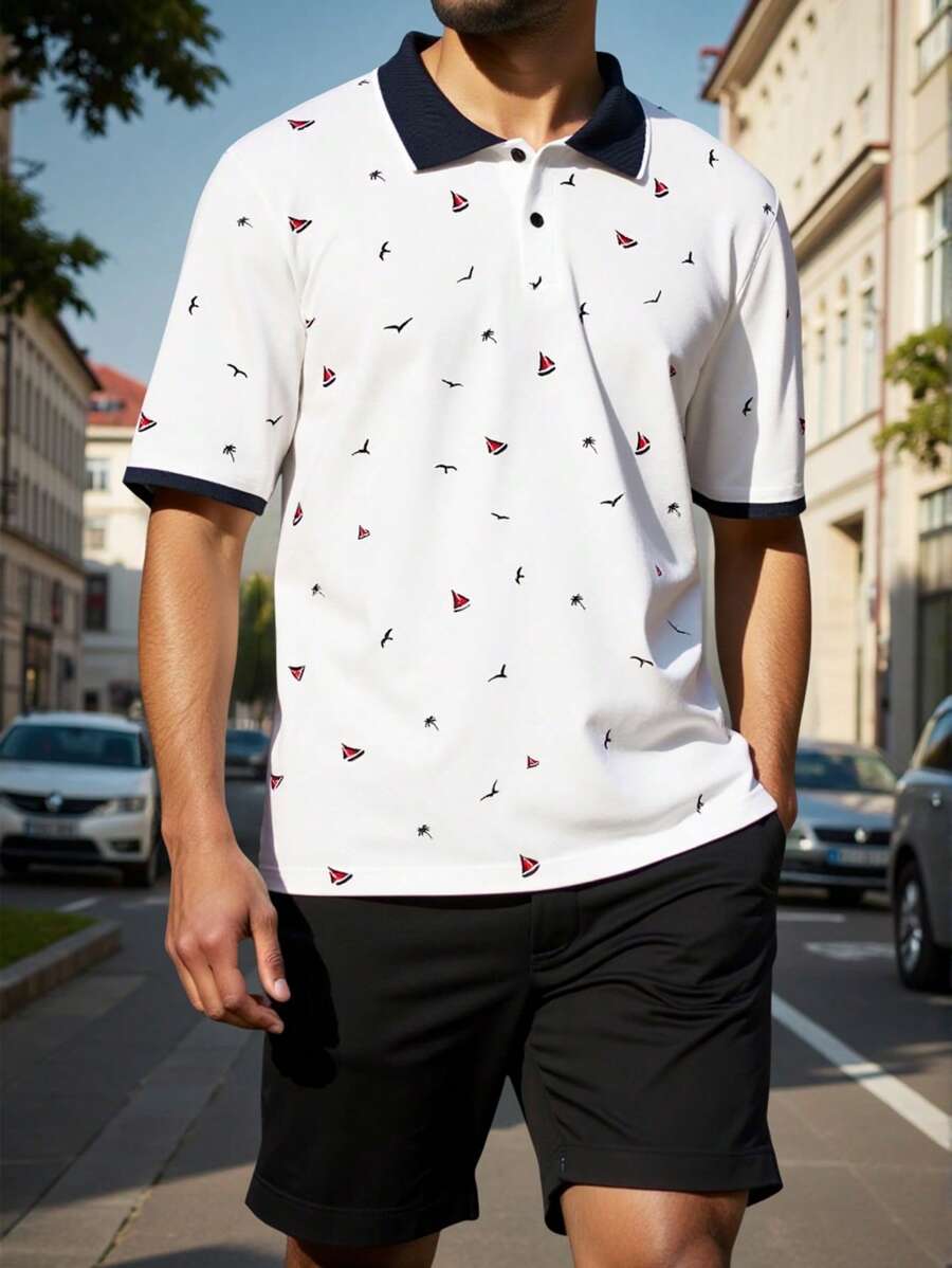 Manfinity Homme Plus Size Men's Full Print Contrast Collar Polo Shirt & Shorts Suit Set Men's Casual Daily Wear For Vacation And Commuting, Featuring A Classic Earthy Color Scheme With A Coffee, Khaki, And Brown Three-Color Gradient Patchwork On A Textured Short-Sleeve Casual Polo Made From Wheat Fiber Fabric With A Button Placket. This Polo Is Perfect For Hawaiian Beach Trips, Music Festivals, And Everyday Wear, Making It A Great Gift For Boyfriends Or Husbands. Men's Earth-Tone Textured Fabric Polo Shirt ,Polo Shirts For Men - Multicolor - View 1