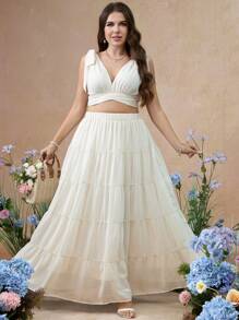 SHEIN Unity Plus Size Vacation Solid Color Camisole Top And Multi-Layer Chiffon Ruffle Skirt Set - Apricot - View 3