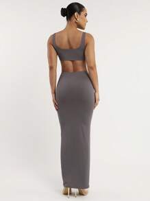 Silquee 魔幻系列无袖纯灰色宽领吊带背心，休闲修身春夏性感背心上衣+超长中裙，柔软弹力亲肤面料，无缝廓形设计，国际安全认证 - 灰色 - 查看 2