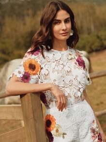 Anewsta 女士优雅圆领刺绣蕾丝镂空花卉装饰钩针上衣，T 恤罩衫，适合海滩、节日、假日、休闲、度假、夏季 - 白色 - 查看 7