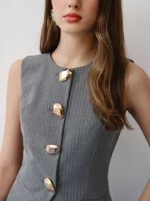 MOTF STUDIO 条纹不对称纽扣背心 - 灰色 - 查看 6