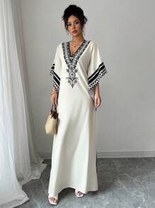 Rafferiza 女士优雅深 V 领印花落肩短袖宽松长裙