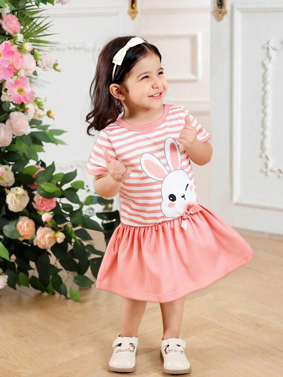 SHEIN Baby Girl Pink Contrast Striped Cute Rabbit Pattern Long Sleeve Knee-Length Knitwear Dress, Suitable For Outing, School And All Seasons, For Easter Gifts - Pink - View 1