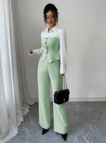 Elenzga 2pcs/Set Women Casual/Office Elegant Patchwork Contrast Button Long Sleeve Top - Green - View 1