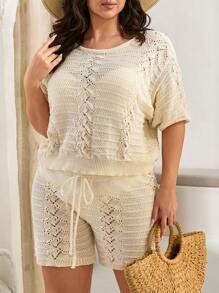 RueChic Crochet & Drawstring Detailed Sweater And Shorts 2 Pieces Set - Apricot - View 3