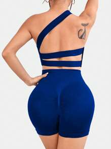 Seamluxe SHEIN Sport Bộ đồ thể thao hở lưng hở một bên vai tập luyện cho nữ Bộ đồ tập gym cho nữ - Màu xanh hải quân - Xem 1