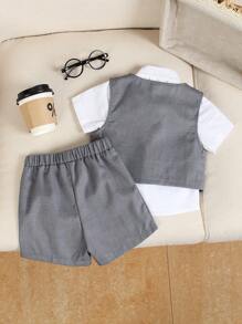 SHEIN 2pcs Baby Boy Vest Waistcoat & Loose Shorts Gentleman Outfit Set, Suitable For Special Occasions Like Weddings, Birthdays, And Daily Wear, Adorable And Stylish