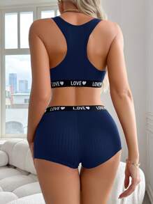 SHEIN Bộ áo ngực và quần lót dệt kim họa tiết chữ thoải mái giản dị dành cho nữ - Xanh đậm - Xem 2
