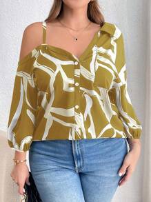 SHEIN Essnce Plus Size Asymmetrical Neck Simple Fashion Shirt, Suitable For Summer - Brown - View 6