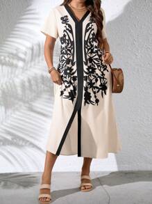 EMERY ROSE 大码女式 V 领短袖拼布卡其色块印花连衣裙，适合休闲度假