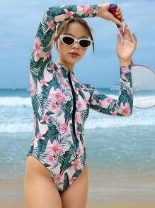 SHEIN 少女热带印花连体泳衣、度假和海滩装