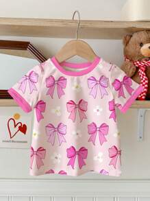 SHEIN 甜美粉色蝴蝶结花卉印花年轻女孩休闲简约圆领短袖T恤，适合夏季 - 彩色 - 查看 2