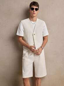 AKNOTIC 2pcs/Set Men Linen Woven Casual Loose Fit Sleeveless Jacket And Drawstring Waist Straight Leg Shorts Suits, Suitable For Summer, Vacation, Wedding, Party, Couple Outfit, Men's Gift, Beachwear, Graduation Gift