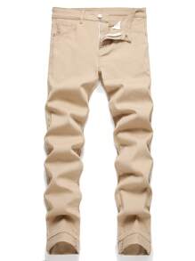 Chillumni Plus Size Men's Casual Plain Color Slim Fit Denim Jeans - Apricot - View 1