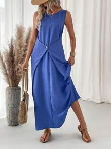 EMERY ROSE Sleeveless Textured Round Neck Casual Loose Dress For Women - Blue - View 4