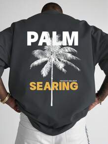 Manfinity RSRT Camiseta de manga corta casual para hombres con estampado de letra tropical de palma, para salir, regalo para el novio