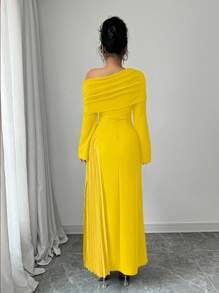 Elenzga 女士优雅时尚通勤迷人派对不对称荷叶边下摆纯色长袖裹身黄色长裙