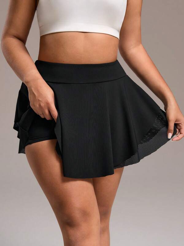 Easithlete Plus Size Double Layer Mesh Fabric Shorts With Liner And Pockets, Sportswear, Spring/Summer Tennis Skirt