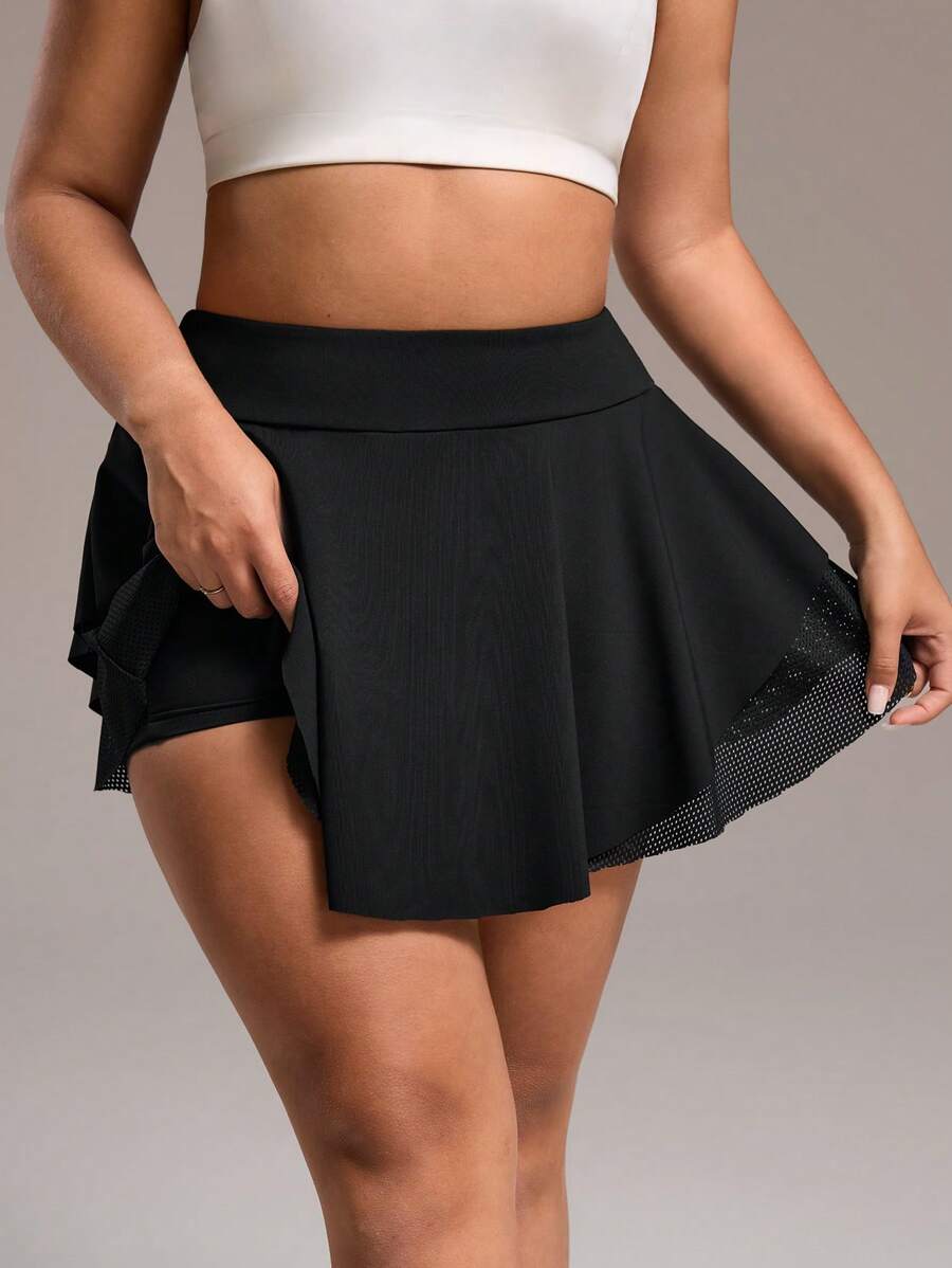 Easithlete Plus Size Double Layer Mesh Fabric Shorts With Liner And Pockets, Sportswear, Spring/Summer Tennis Skirt