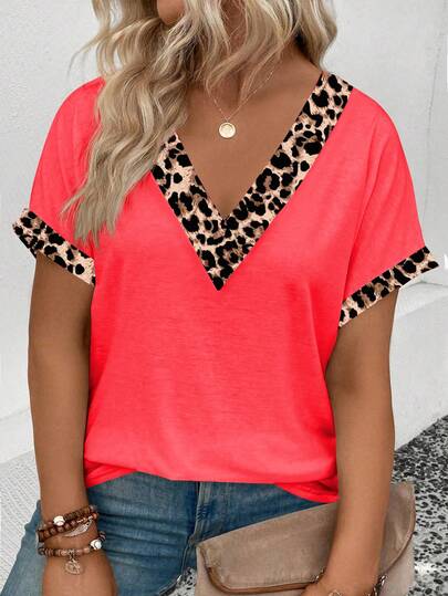 SHEIN Women's Casual Overlapped V-Neck Short Sleeve Turnback Cuff, Rounded Hem Leopard Print Plus Size T-Shirt