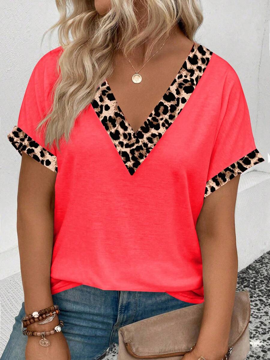 SHEIN Women's Casual Overlapped V-Neck Short Sleeve Turnback Cuff, Rounded Hem Leopard Print Plus Size T-Shirt - Orange - View 1