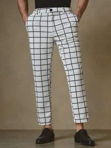 Manfinity VCAY Men's Casual Knitted Loose Fit Plaid Elastic Waisted Straight Leg Pants - White - View 1