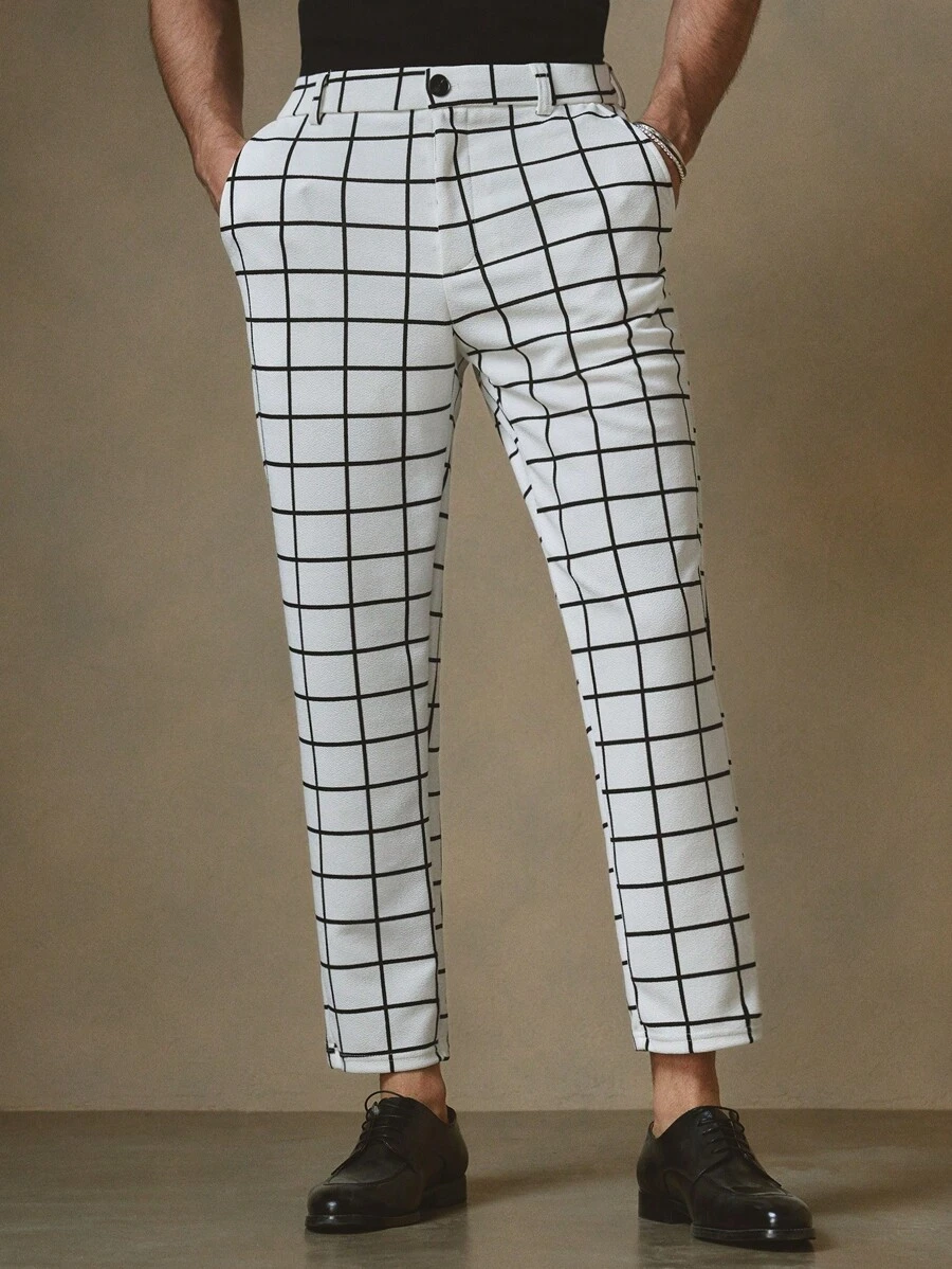 Manfinity VCAY Men's Casual Knitted Loose Fit Plaid Elastic Waisted Straight Leg Pants - White - View 1