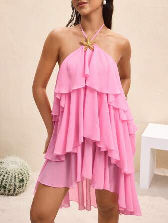 BY FELIZIA Pink Chiffon Solid Color Halter Ties Straps Layered Ruffles Backless Romantic Mini Dress For Summer Dress Sundress