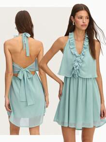 Nöista Elegant Mint Green Summer Mini Dress With Ruffles,Halter Neck And V-Neck Opening For Tea Party,Spring,Easter Or Graduation,Feminine Light Pastel - Green - View 8