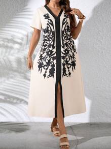 EMERY ROSE 大码女式 V 领短袖拼布卡其色块印花连衣裙，适合休闲度假