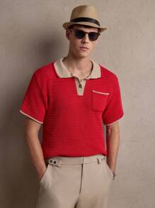 AKNOTIC Men's Crochet "Old Money" Pattern Casual Knitted Polo Shirt, Fashion Daily Wear, Suitable For Commute, Summer, Vacation, Party, Wedding, Couples, Boyfriend Gift, Beachwear - Red - View 7