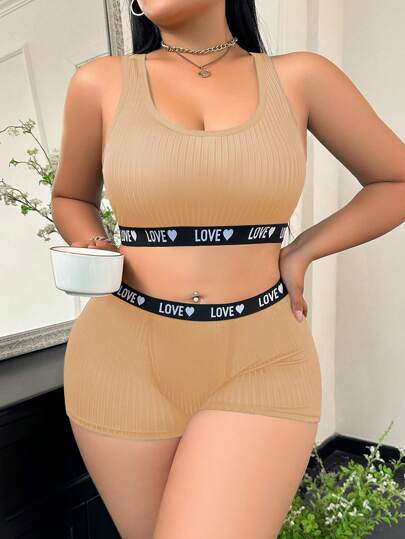 EasyFave Conjunto de lencería casual de talla grande para mujer con estampado de carta de amor en el camisole y los shorts