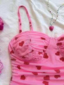 SHEIN WYWH Plus Size Women Heart Print Mesh Ruffle Hem Pink Cami Mini Dress, Suitable For Inner Or Outer Wear - Multicolor - View 5