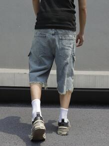 Manfinity EMRG Plus Size Men's Distressed Pocket Loose Wide Leg Casual Denim Shorts - Light Wash - View 2