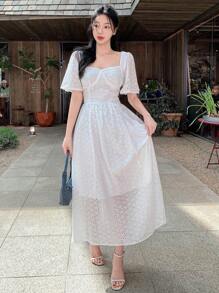 DAZY 夏季女士沙滩裙，收腰法式复古方领刺绣镂空泡泡袖长裙，挤奶女工裙太阳裙 - 白色 - 查看 1
