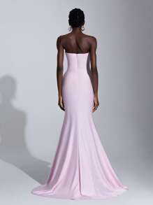 Elitara Elegant Pink Knitted Tube Dress,Unique Asymmetric Hollow Out Metallic Rhinestone High Waist Fishtail Maxi Gown For Women,Party Evening Wedding Guest - Baby Pink - View 3