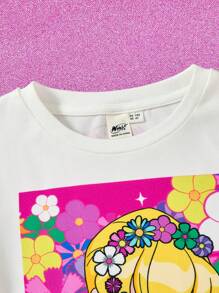 The Winx X SHEIN 少女公主图案粉色甜美可爱白色休闲短袖T恤