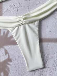 Swim Basics Bộ bikini màu trắng xếp nếp trơn dành cho nữ đi biển cho kỳ nghỉ hè trên bãi biển - Màu be - Xem 5