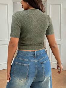 SHEIN EZwear Plus Size Distressed Ribbed Ruched Waist Short Sleeve T-Shirt - Army Green - View 2
