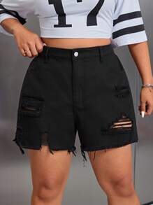 SHEIN ICON Pantalones cortos de jean informales para mujer de talla grande con bolsillos y dobladillo deshilachado