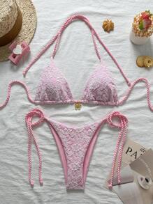 SHEIN Swim 2pcs/Set Summer Beach Vacation Floral Textured Fabric Twisted Rope Gold Floral Decor Top And Side Tie Drawstring Swim Shorts Bikini Outfit - Pink - View 1