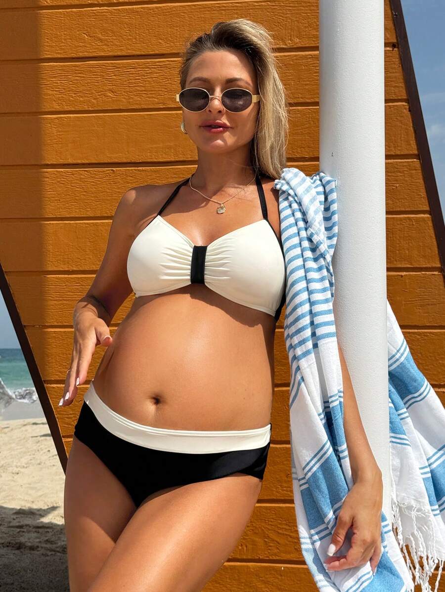 SHEIN Maternity Swimsuit Triangle Bottoms Set, Minimalist & Stylish, Suitable For Summer - Multicolor - View 1