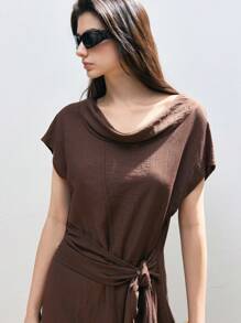 LYSMO 2025 Neuankömmling Damen langes braunes Kleid mit Volantärmeln, Taillenband und Rückenschlitz, Lässig Urlaub, Landhausstil