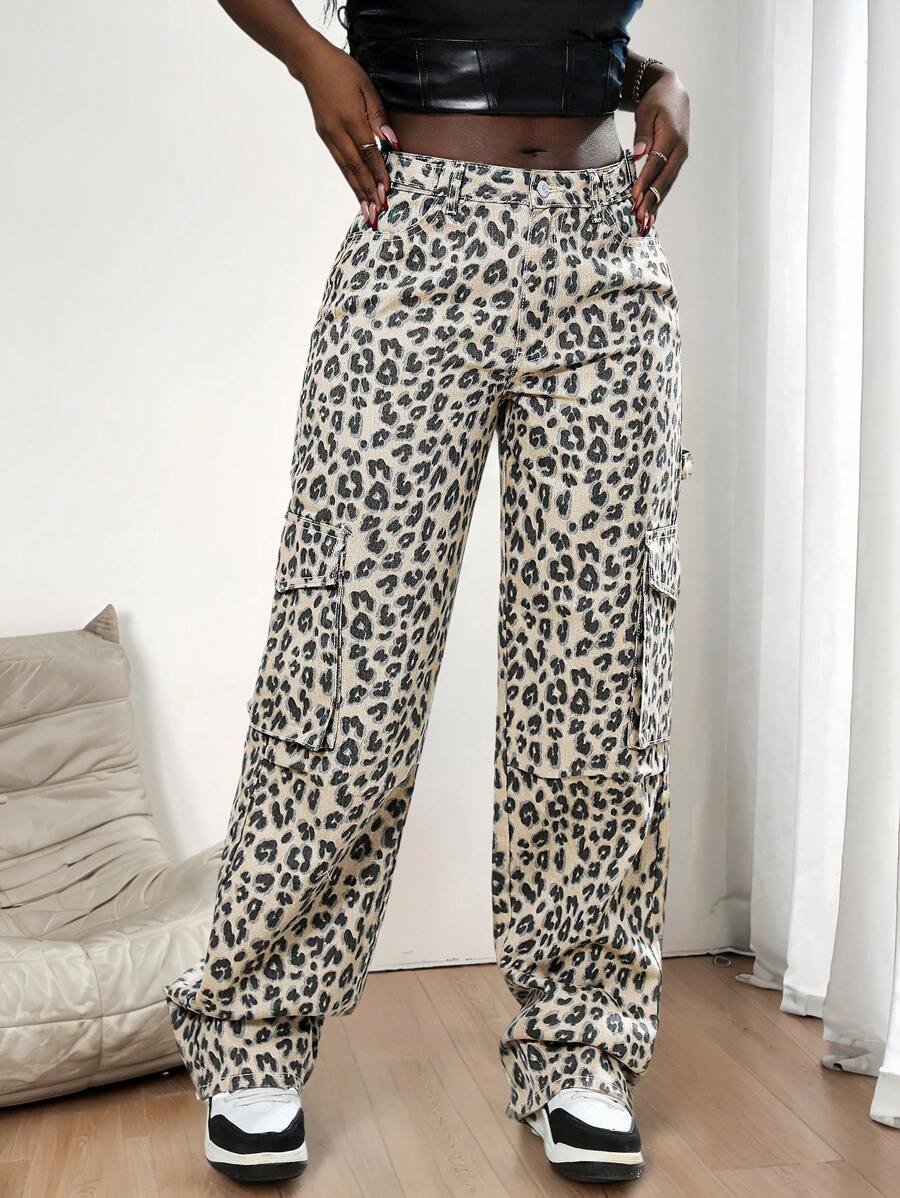 Slaydiva Quần Jeans Ống Thẳng Rộng Họa Tiết Da Báo Cho Nữ - Nhiều màu - Xem 1